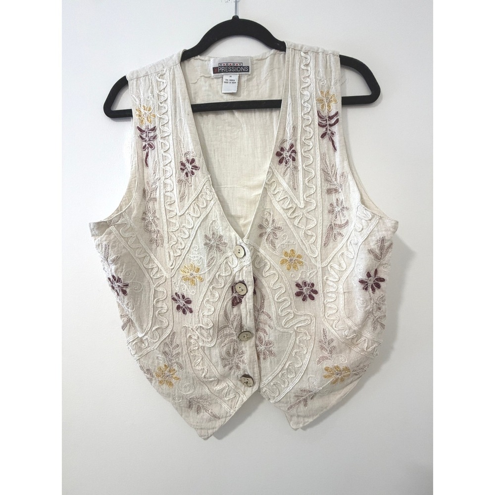 Vintage Embroidered Cotton Gauze Floral Vest Body Xpressions Medium Cream